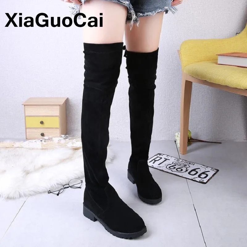 

Autumn Winter Women's Boots Over The Knee Long Boots Female Flock Slip-On Ladies Shoes Slim With Fur Mujer Bota Dropshipping