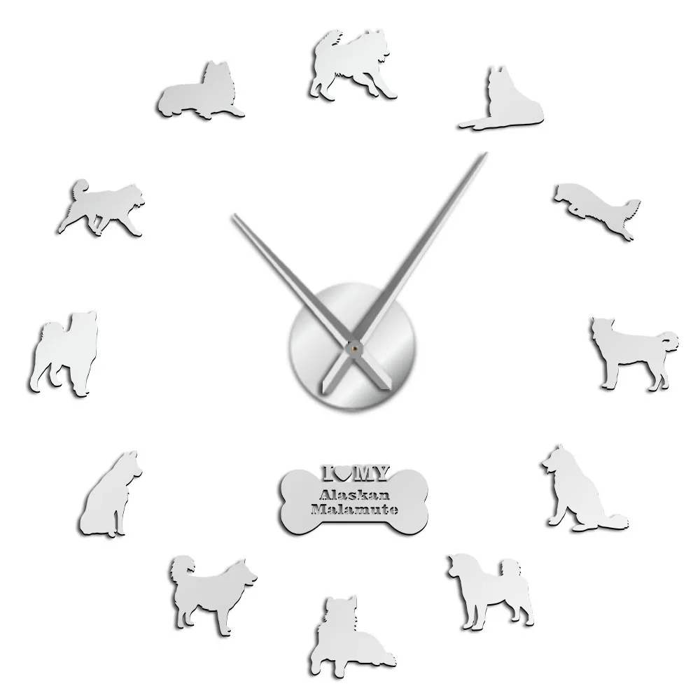 Alaskan Malamute длинные руки большие настенные часы Mally Puppy Dogs Postures украшение на стену часы бескаркасные настенные часы-украшение - Цвет: Silver