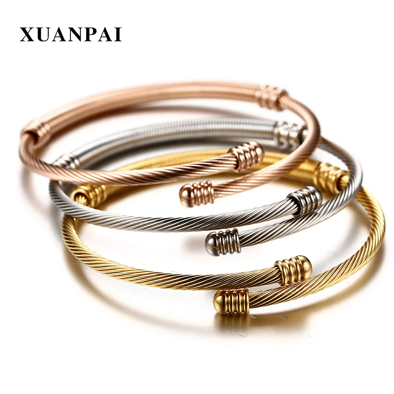

XUANPAI Stainless Steel Triple Three Cable Wire Twisted Cuff Bangle Bracelets Set for Women Size Adjustable 3 Tone Femme Pulseir