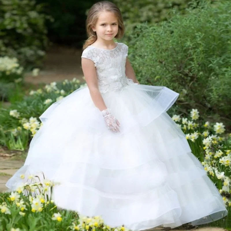 

White Flower Girl Dress Princess Dress For Special Occasion Lace Appliques Ribbons Handmade Flower First Communion Dresses