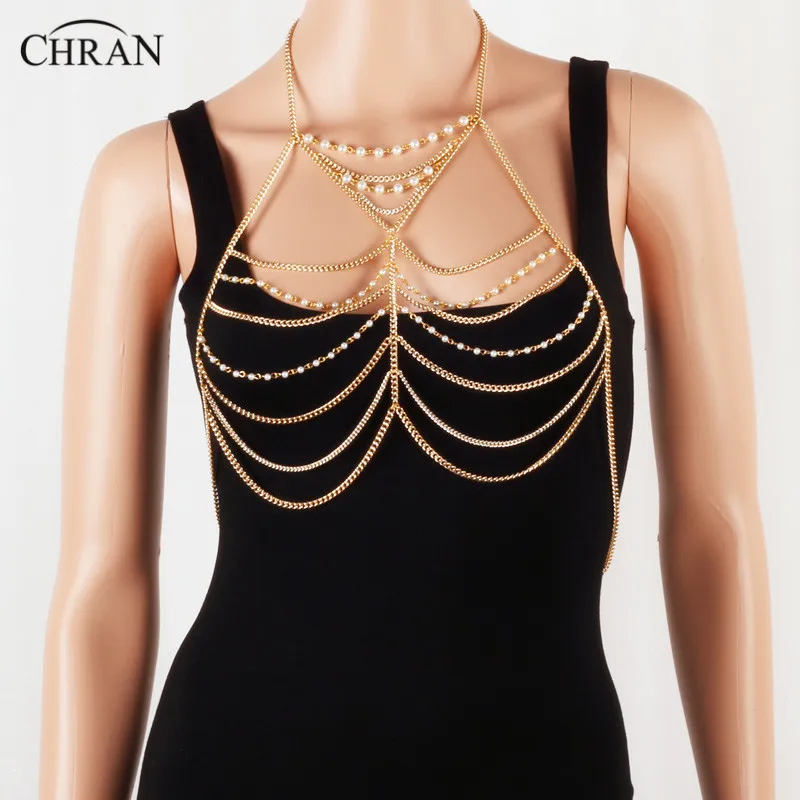 

Chran Luxury Fashion Stunning Sexy Body Belly Silver Gold Tone Beach Chain Bra Pearl Slave Harness Necklace Tassel Waist Jewelry