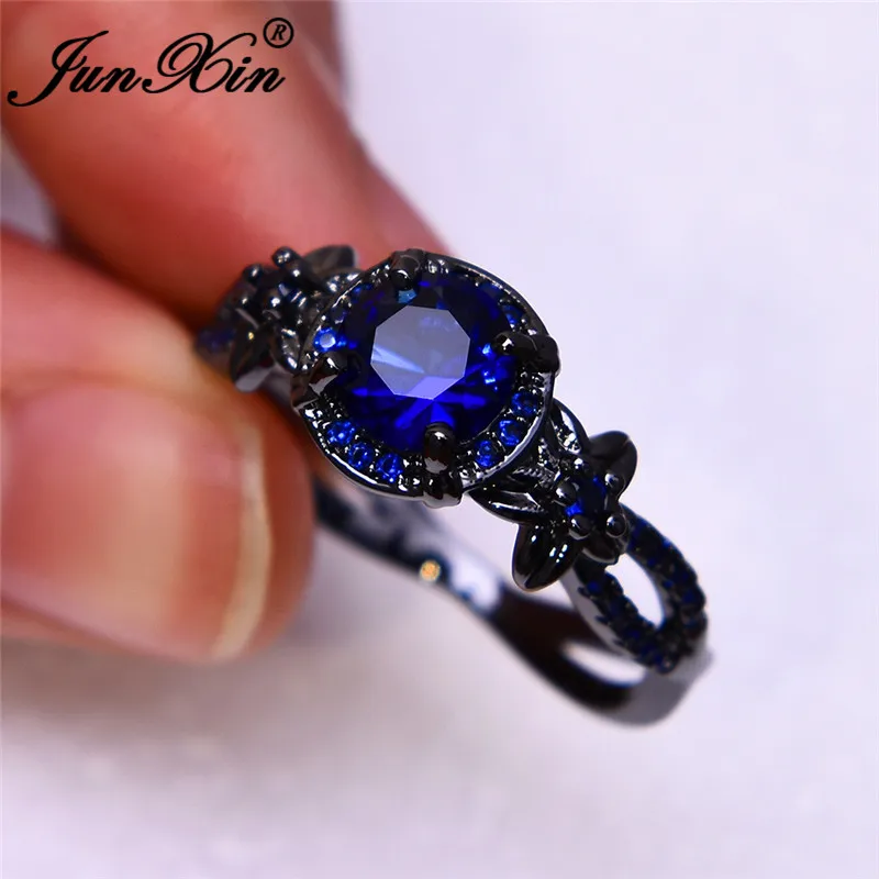 JUNXIN Boho Female Flower Star Rings For Women Black Gold Filled Royal Blue Red Pink Purple Zircon Stone Wedding Ring Jewelry