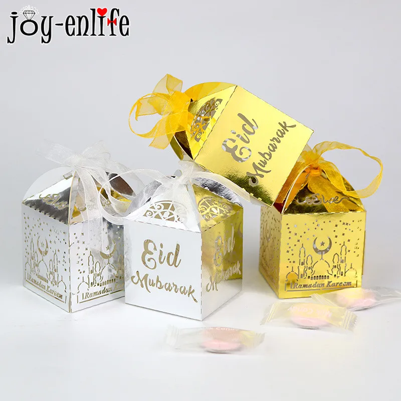 20pcs Gold Silver Eid Mubarak Paper Gift Box Candy Bags Ramadan