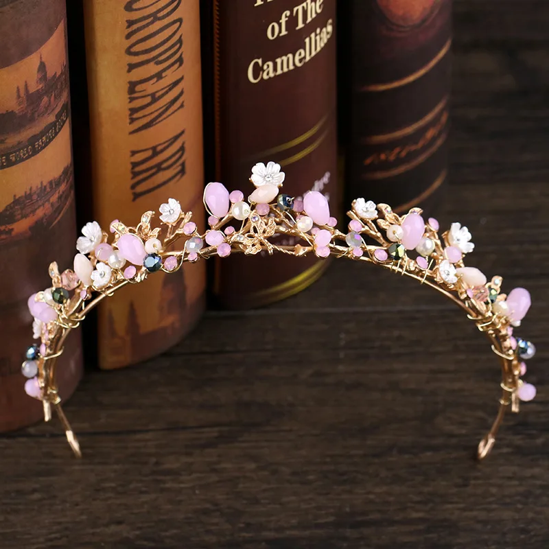 

Vintage Pink Beads Bridal Crowns Tiara Bride Headband Crystal Rhinestone Flower Diadem Headpiece Wedding Hair Accessories JL