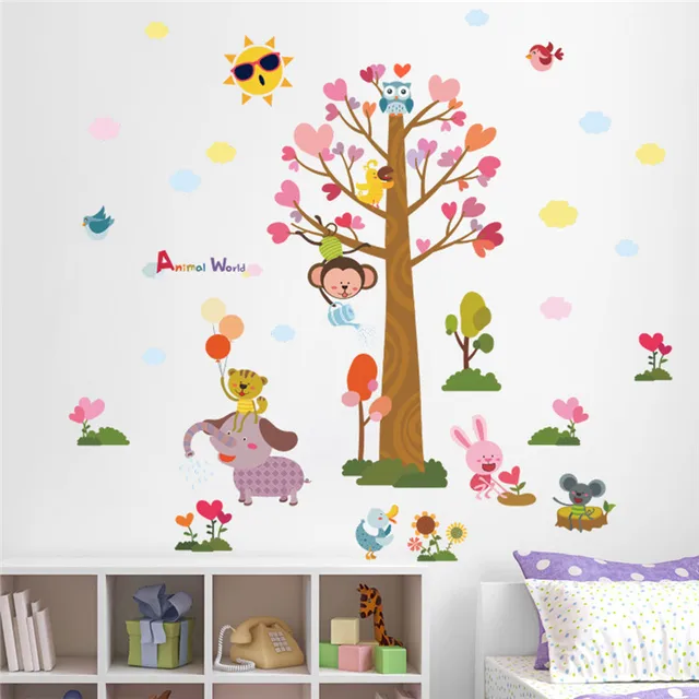 cartoon animals world tree monkey owl bird wall stickers for kids