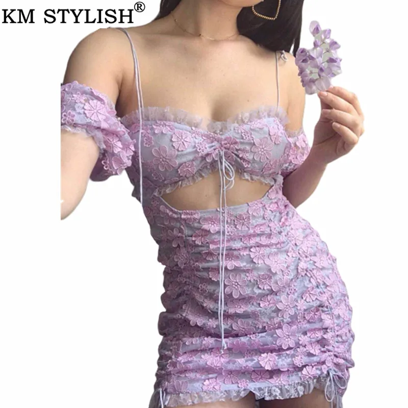 

ForLove 2019 Spring Summer New Violet Wrapped Lace Flower Embroidery Drawstring Cutout Ruffled One-piece Dress Purple