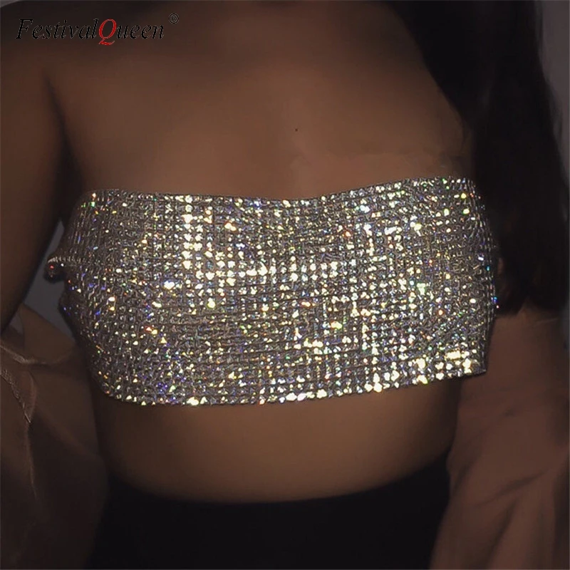 FestivalQueen Sexy Rhinestone Sequined strapless Tops fashion shiny metal diamond Tube Tops Party Club Summer beach wear