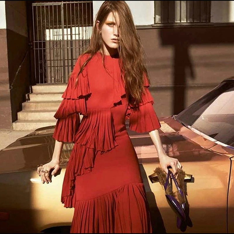 Высокое качество, роскошное шикарное подиумное весенне-летнее красное платье, женское Каскадное плиссированное платье до середины икры с расклешенными рукавами