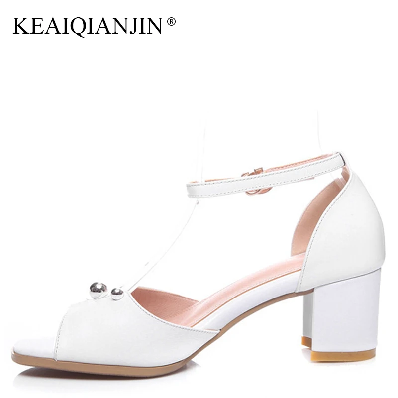 

KEAIQIANJIN Woman Summer Metal Decoration Open Toe Sandal Black High Heels Shoes Plus Size 33 43 Genuine Leather White Sandals