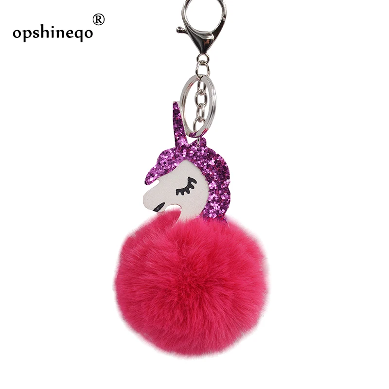 

Unicorn fur ball keychains artificial pompom rabbit key ring women bag car key chain porte clef holder fluffy pompom keyring