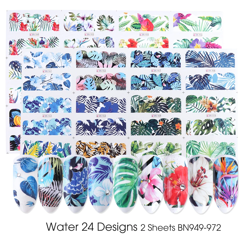 24pcs Watercolor Floral Flower Sticker Nail Decal Set Flamingo Letter Design Gel Manicure Decor Water Slider Foil CHSTZ683-706-1 - Image 5