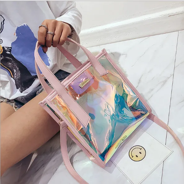 

2019 new women's Korean version laser jelly bag handbag shoulder Messenger bags female transparent candy summer beach bags