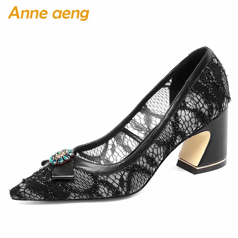 2019 New Genuine Leather Women Pumps High Square Heel Pointed Toe Shallow Crystal Sexy Ladies Women Shoes Black High Heels Pumps