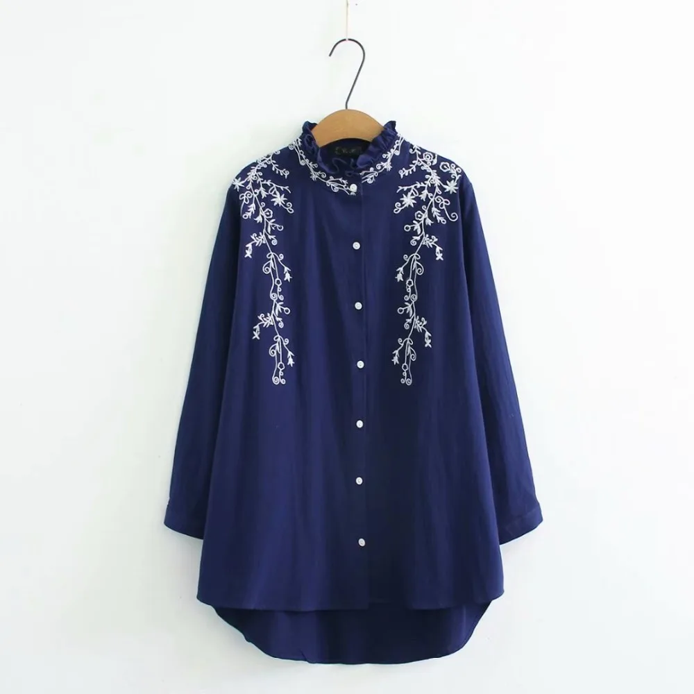 Plus size ruffled collar long sleeve blouses women 2018 Embroidered white & dark blue & yellow shirt Spring & autumn ladies tops Plus size ruffled collar long sleeve blouses women 2018 Embroidered white & dark blue & yellow shirt Spring & autumn ladies tops