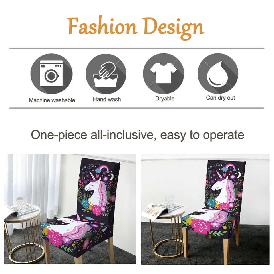 BeddingOutlet Unicorn Chair Cover Dining Spandex Cartoon Stretch Elastic Slipcover Floral Removable Seat Case coprisedie 1pc