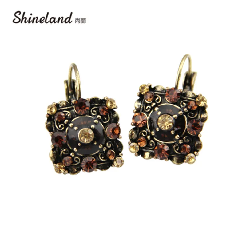 Shineland 2018 New Fashion Women Accessories Vintage Square-shaped Crystal Rhinestones Statement Clip Earrings Jewelry D32887