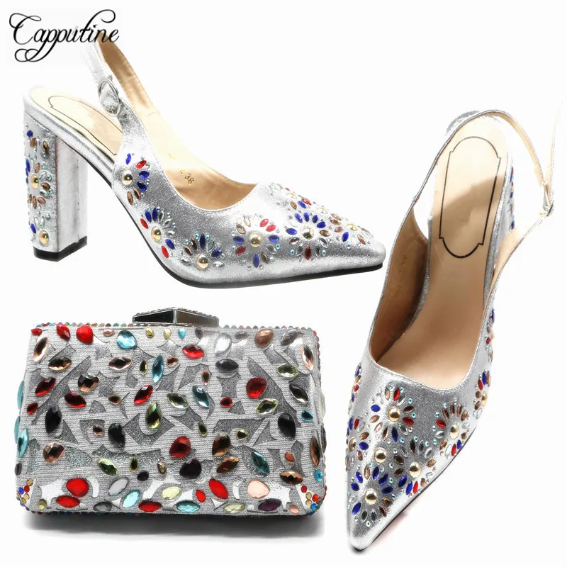 

Capputine Italian Pretty Crystal Ladies Shoes And Bag Set African Desgin Pumps 10CM Shoes And Purse Set For Party Size 38-43