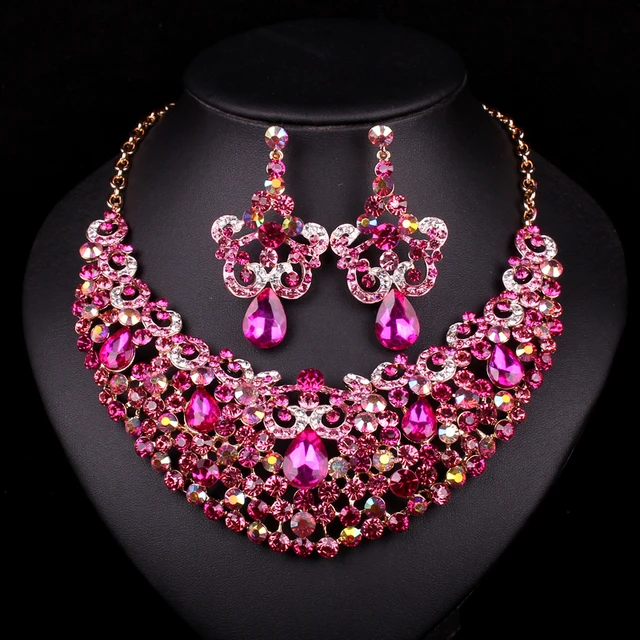 Fashion Gold Color Pink Rhinestone Necklace Earring Bridal Jewelry Sets
