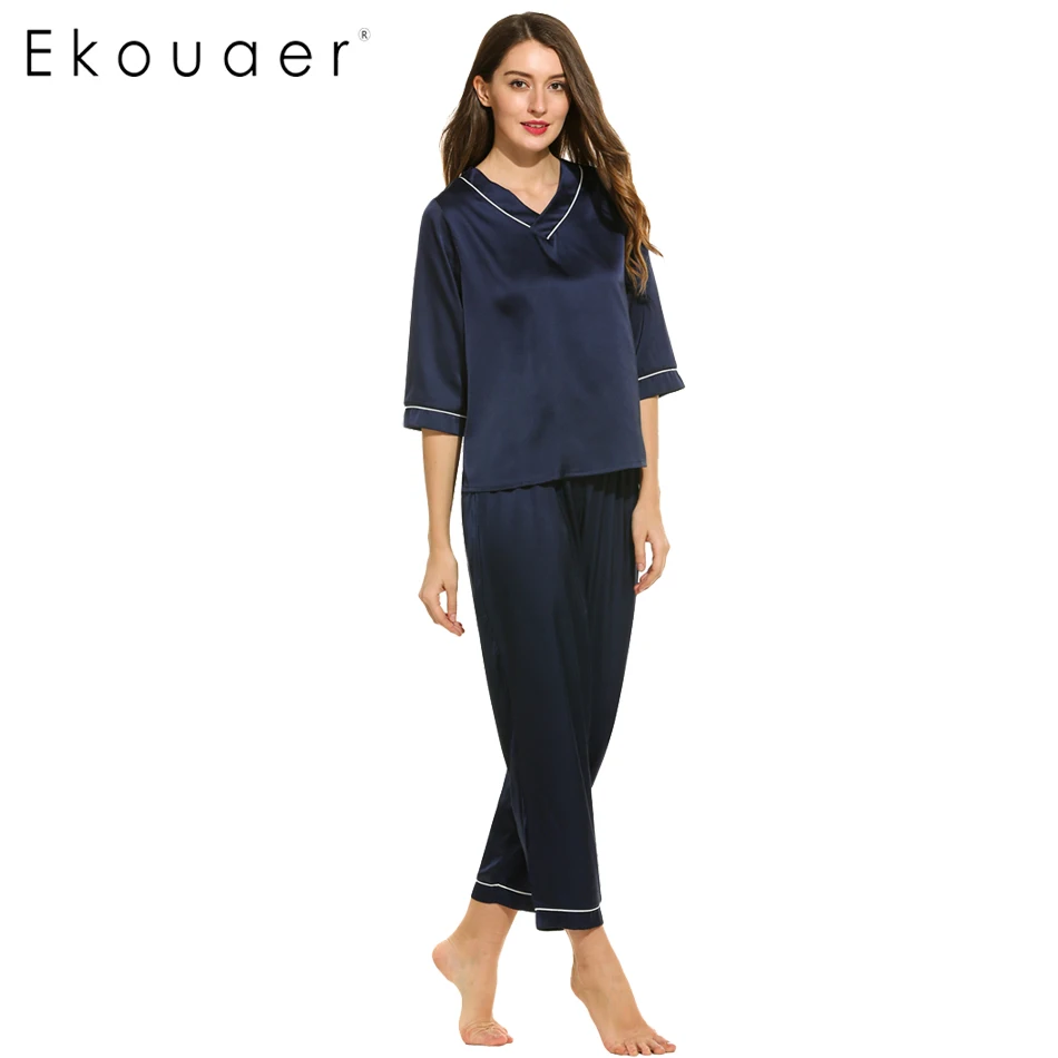 Ekouaer Satin Sleepwear Women Pajamas Sets V Neck Spring Pullover Sleepwear with Pants Female