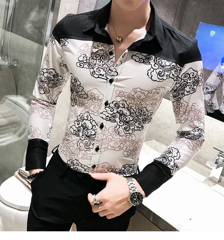 Мужская одежда Camisa Homem рубашка с цветочным принтом осенний корейский узор в китайском стиле Мужская рубашка с длинными рукавами Camisa Masculina