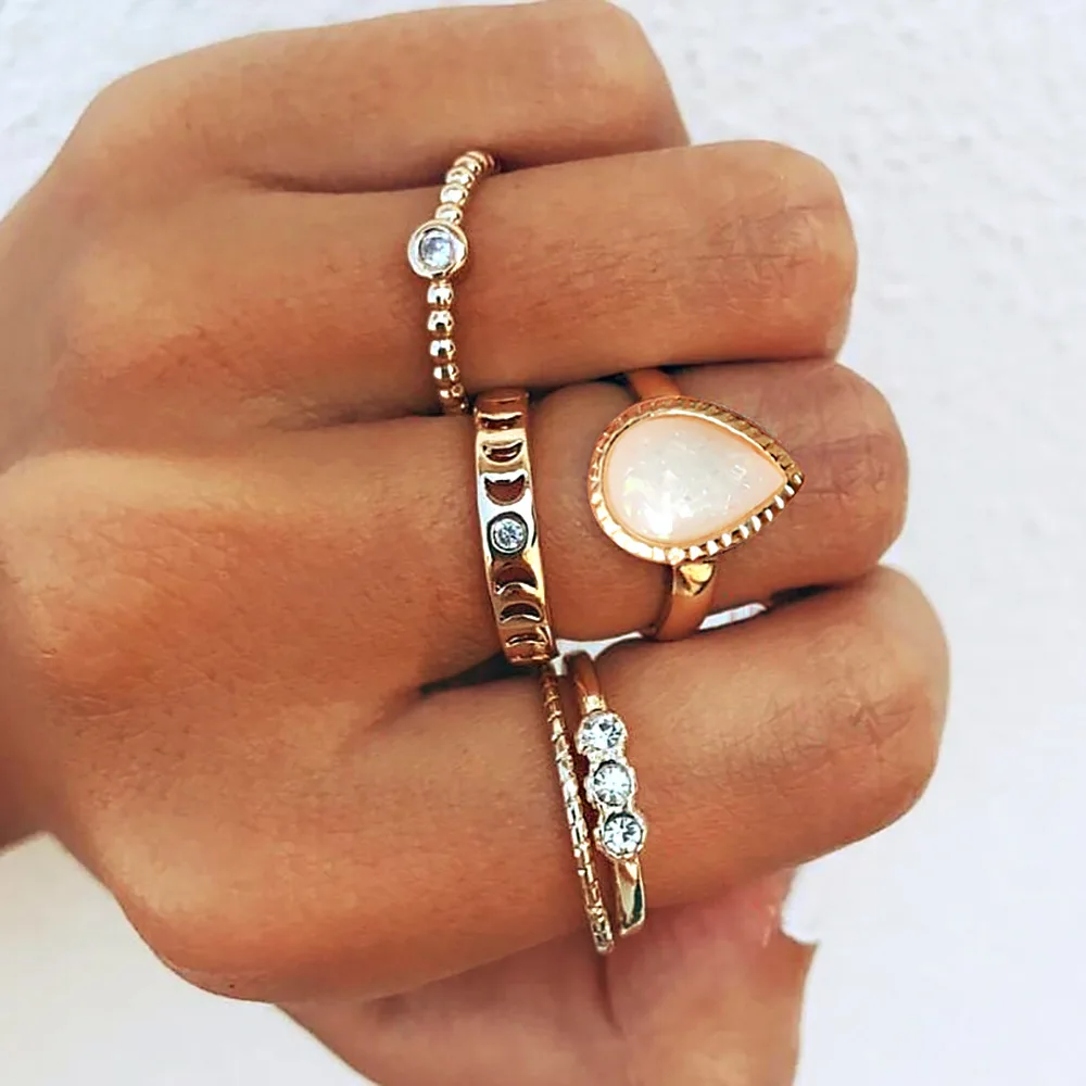 

New Delicate Opal Luxury Crystal Rings Set Gold Boho Water Drop Rings Jewelry for Women Banquet Accessories Bijoux