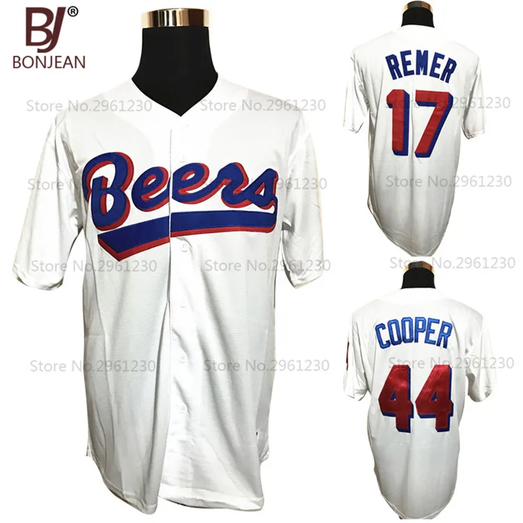 

Cheap Throwback Baseball Jerseys 17 Doug Remer 44 Joe Cooper BASEketball Milwaukee Beers Movie Button Down Stitched Jersey