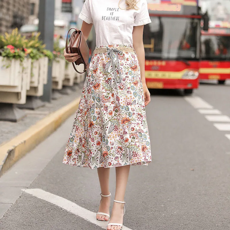 

2019 Summer New Bohemian Printed Linen Skirt Printed Half-length Skirt Casual Mid-Calf Natural