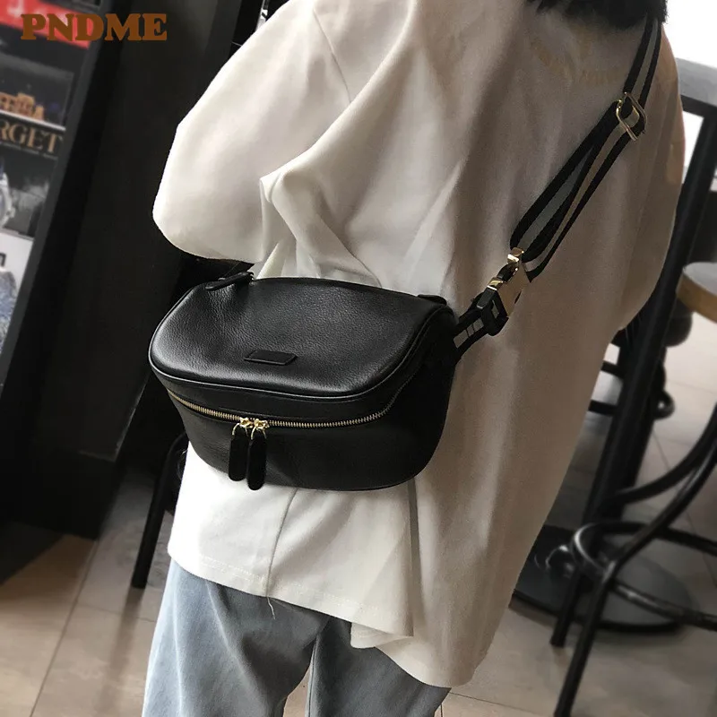 

PNDME fashion simple genuine leather ladies messenger bags casual outdoor daily black soft cowhide female shoulder bag for women