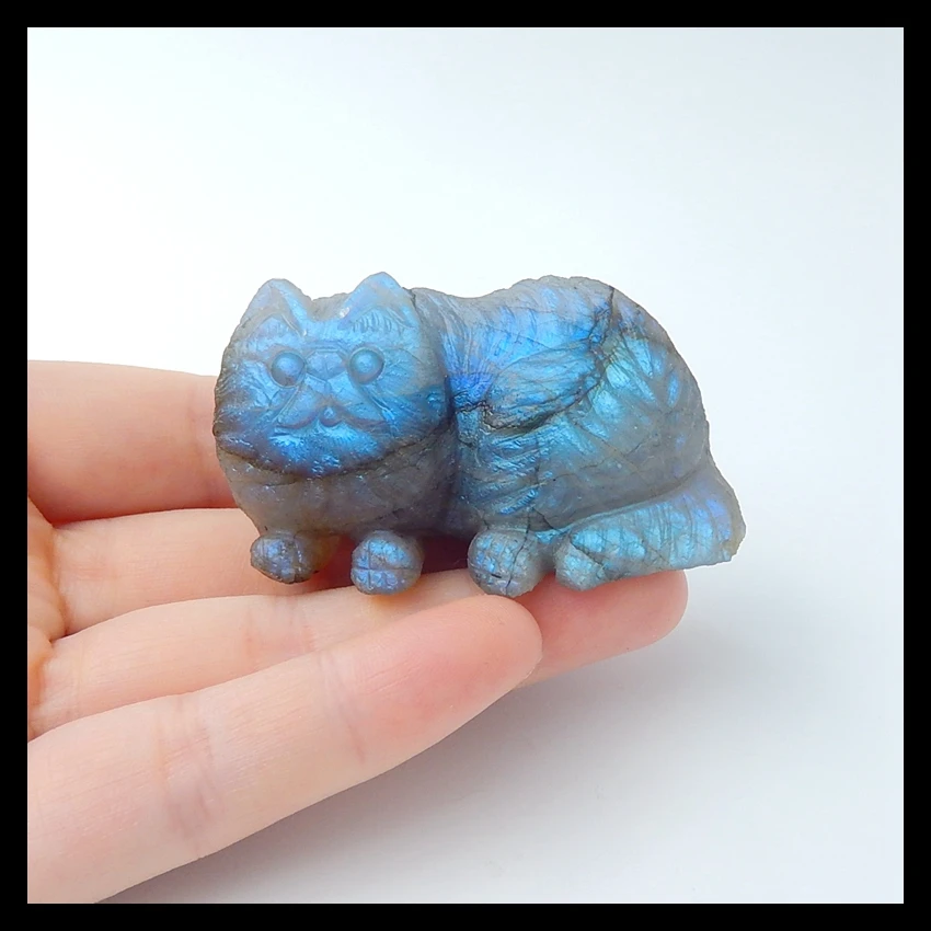 Синий свет Лабрадорит резные Cat для Aniamal Lover Кабошоны, 55x33x32 мм, 79,4 г