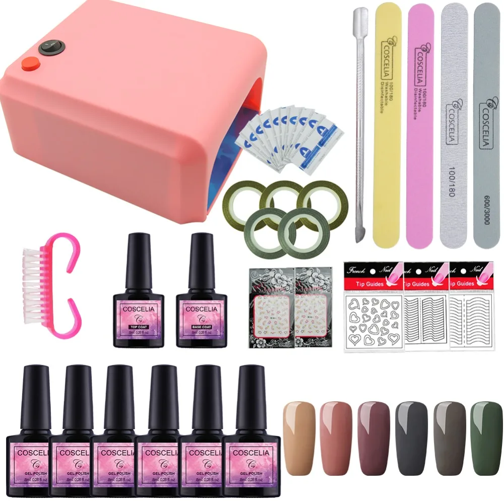 

COSCELIA 6PC Nail Gel Polish Nail Art Tools 36W UV Lamp Nail Files Tools For Manicure Soak Off Gel Nail Machine Varnish Tools