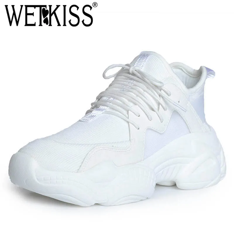 

WETKISS Flyknit 2019 Spring Flats Woman Round Toe Footwear Sneakers Dorky Dad Platform Shoes Female Fashion Casual Clunky Shoes