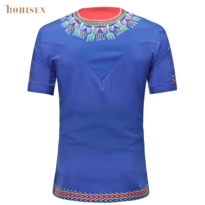 BOHISEN African Men Clothes Dashiki African Traditional Print Blue Slim Formal Dress Short Sleeve Male Clothing
