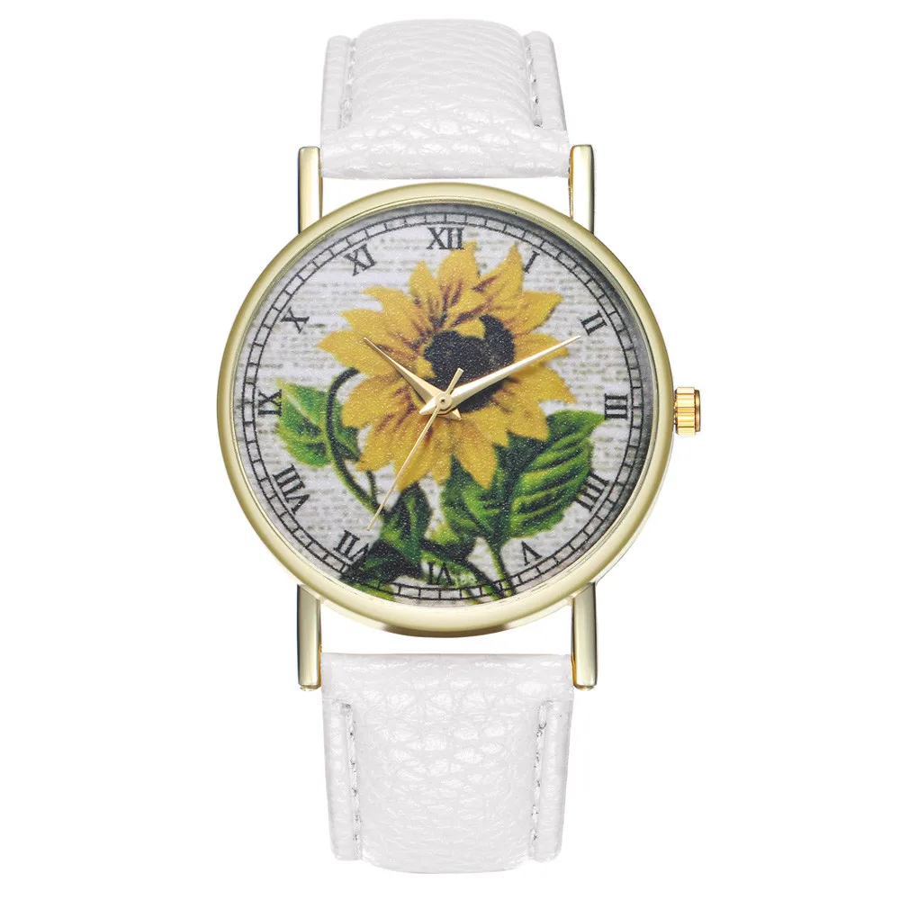 Простые роскошные часы из искусственной кожи, кварцевые наручные часы с рисунком подсолнуха, женские парные часы, ювелирные изделия WS& 50 - Цвет: white