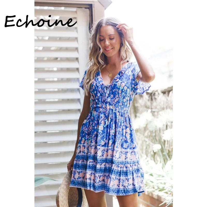 

Echoine Plus Size S-3XL Floral Print Deep V-neck Butterfly Sleeve Short Sleeve Mini Dress Boho Style Women Summer Beach Dress