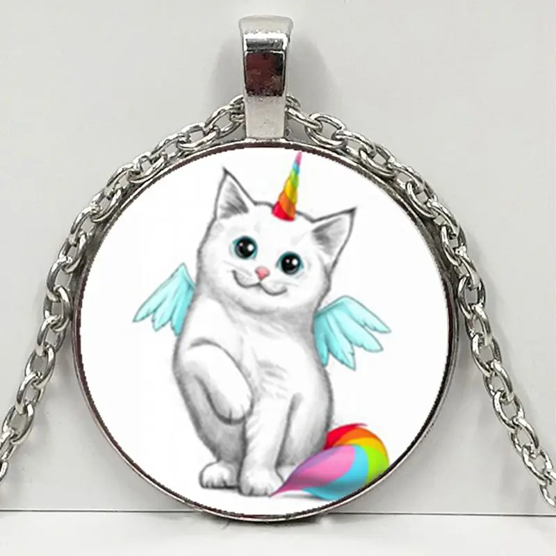 

Unicorn white Cat Photo Tibet Silver Cabochon Glass Pendant Chain Necklace Child's Pendant Necklace