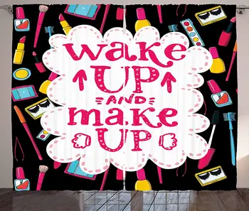 

Quote Kitchen Curtains Witty Saying Wake up Make up with Cosmetic Icons Lipstick Mascara and Nail Polish Window Decor Panel