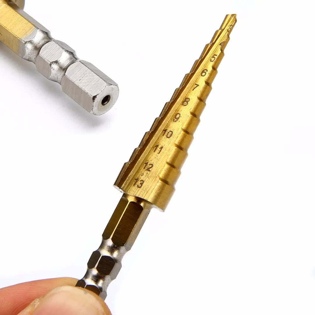 3-13mm 1/4'' HSS Titanium Coated Hex Shank Step Drill Bit High Speed Steel Spiral Flute for Metal Cone Drill Bit Set Hole Cutter