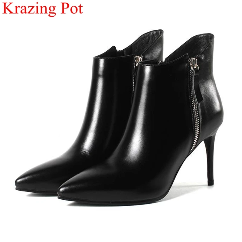 

Krazing Pot 2018 big size pointed toe cow leather women ankle boots zipper super high nightclub elegant wedding winter shoes L87