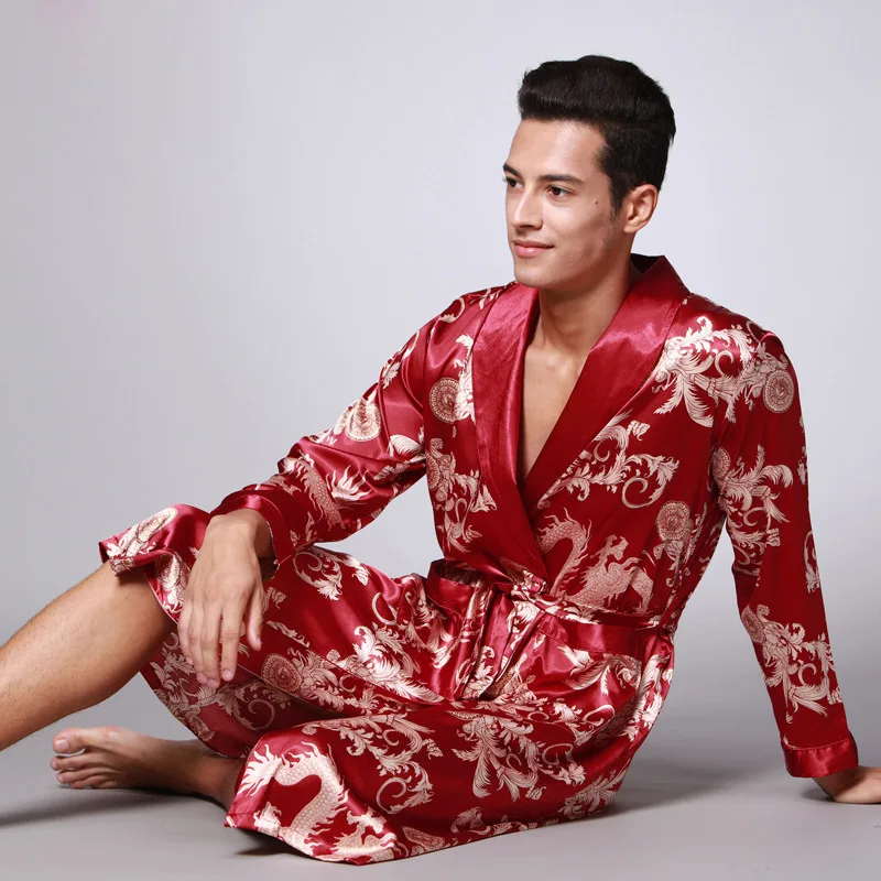 Новое поступление темно-синий китайский мужской халат из искусственного шелка Новинка кимоно юката платье летняя одежда для сна Размер M L XL XXL XXXL