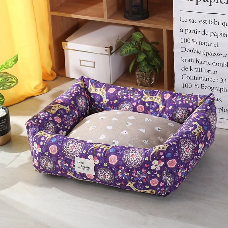 Льняные тканевые эластичные кровати для маленьких собак Мягкая ручка Нескользящая кровать для щенков домашняя моющаяся кровать для собак с принтом для средних собак - Цвет: Розовый