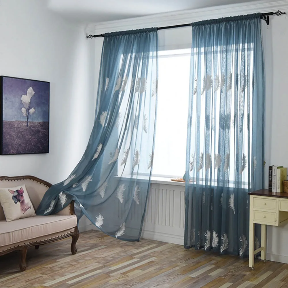 

Meijuner Curtains Feather Pattern Window Screening Polyester Embroidery Gauze Solid Color Curtain For Home Hotel Party Coffee