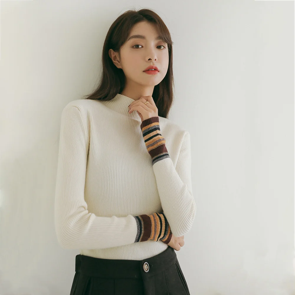 

Slim Mock Neck Sweater With Contrast Striped Sleeves Women Rib Knitted Jumper Basic Sweaters Pullover