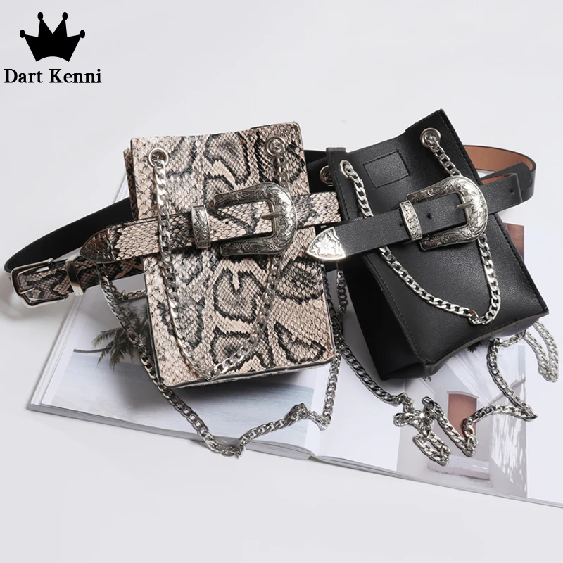 

Fashion Waist Bag Women Fanny Pack Square Serpentine Leather Waist Pack Snake Skin Silver Chain Belt Bag Travel Bags For Ladies