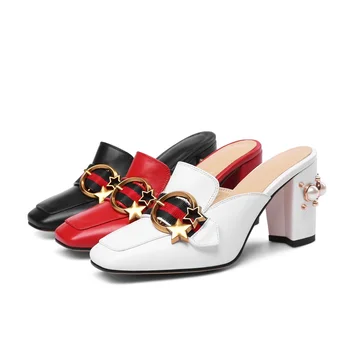 

2018Summer autumn new genuine leather women's thick heels slippers fashion black red shoes beautifully decorated women slipper