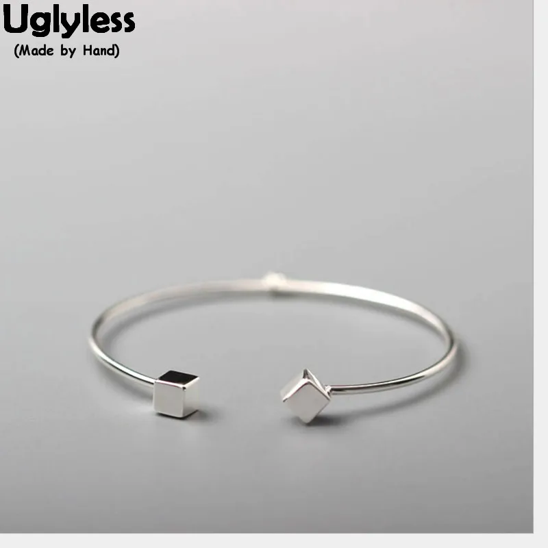 

Uglyless Real 925 Sterling Silver Squares Bangles for Women Geometric Open Bangle Simple Fashion Handmade LOVE Letter Jewelry