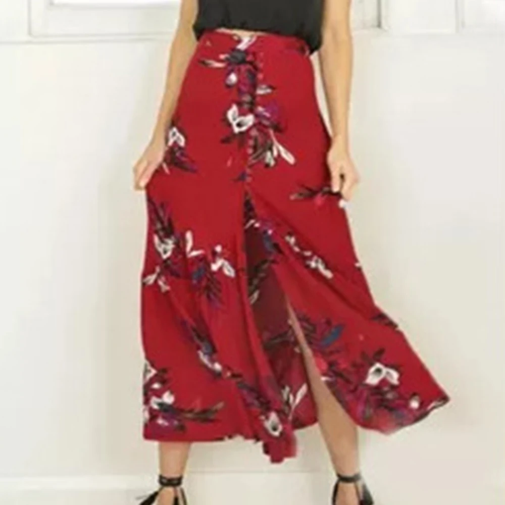 2018 New Summer Skirt for Women High Waist Split Boho Beach Long Floral Print Button Female Chic Vintage Maxi | Женская одежда