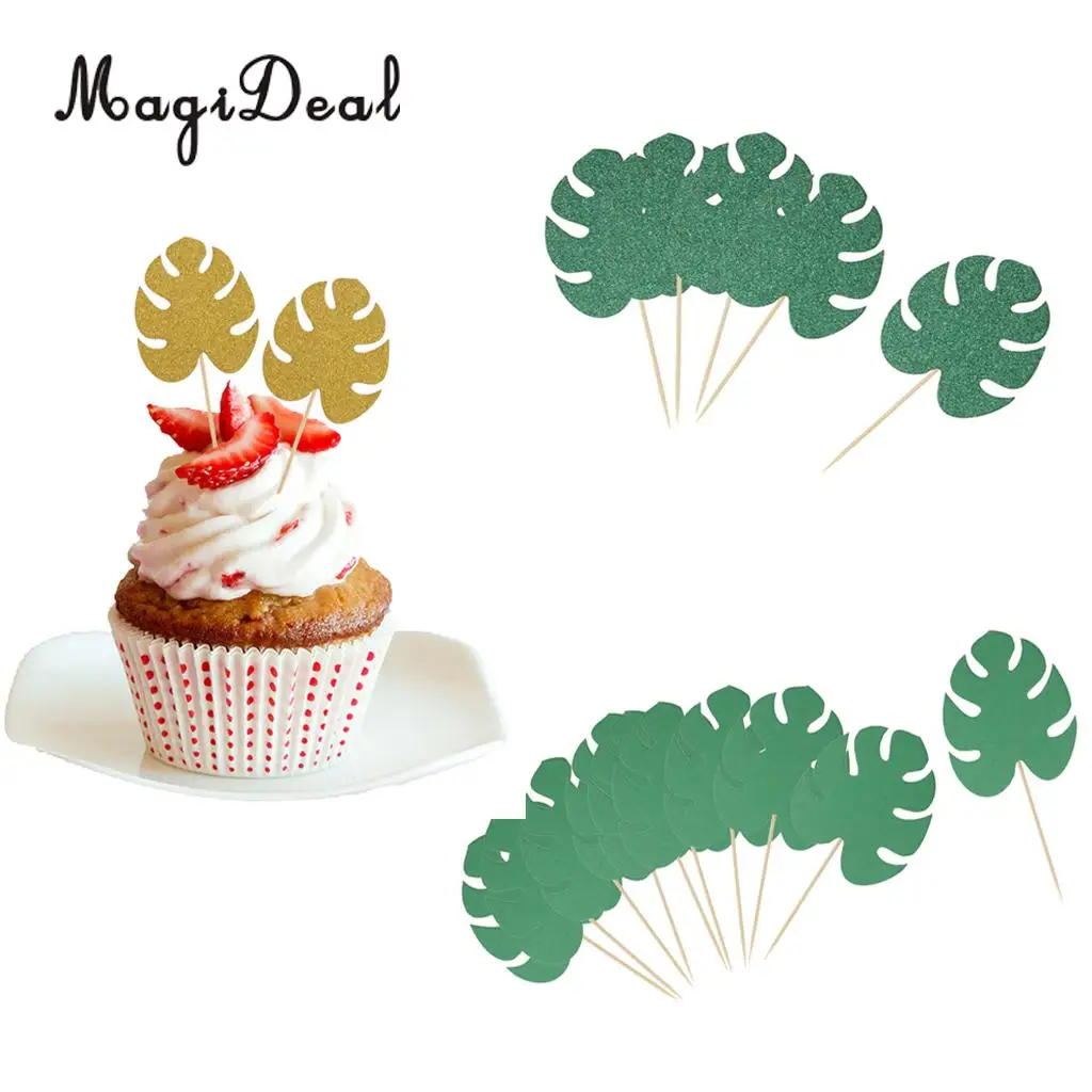 10pcs Hawaiian Glitter Paper Leaf Cupcake Pick Topper Party Decoration