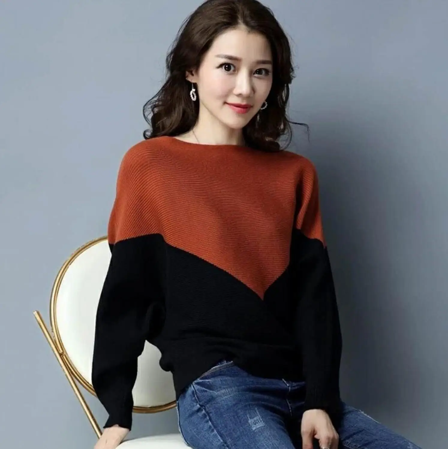 

2019 New-coming Spring Autumn Slash neck Pullovers Sweaters Primer long sleeve Loose sweater Big yards Batwing Sleeve
