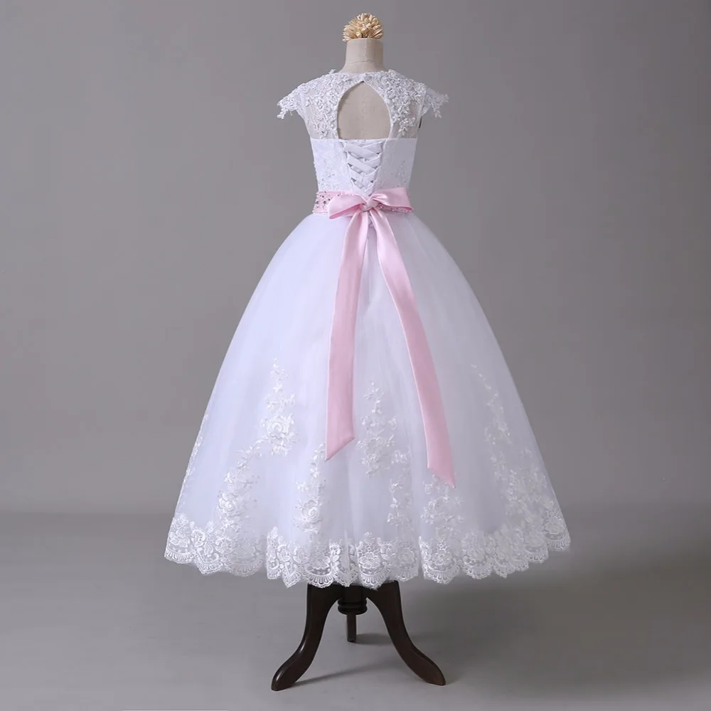 2019 г. Белые Платья с цветочным узором для девочек на свадьбу, бальное платье с рукавами-крылышками, кружевные платья с бантом для первого