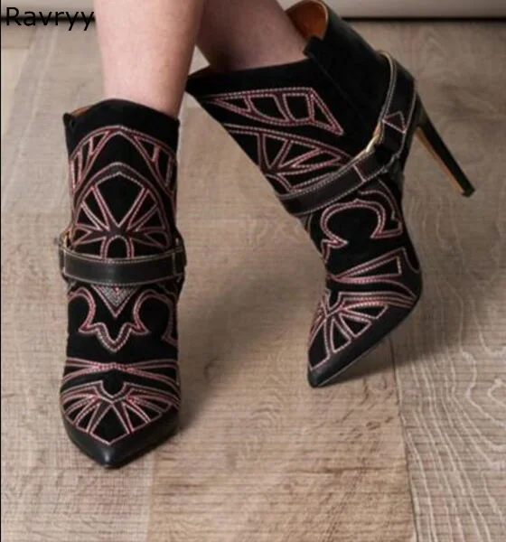 

Embroidery Pattern Woman Ankle Boots Suede Lather Wine Red Short Boot Concise Style Hot Fashion Autumn Winter Female Shoes